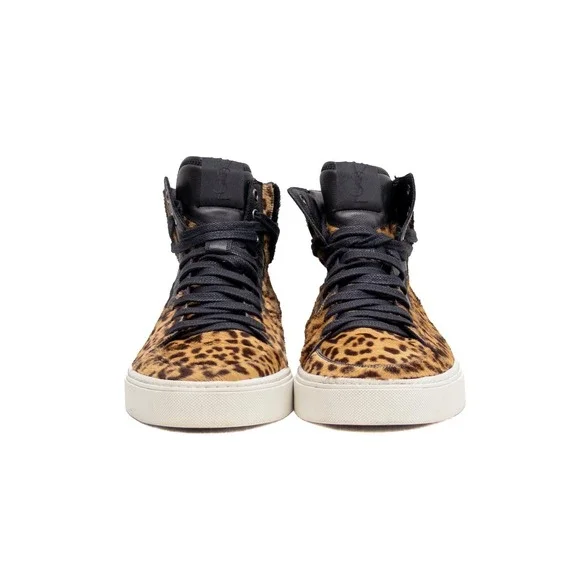 Saint Laurent Men's Leopard Pony Hair Leather‎ High Top Sneakers – Size US 12